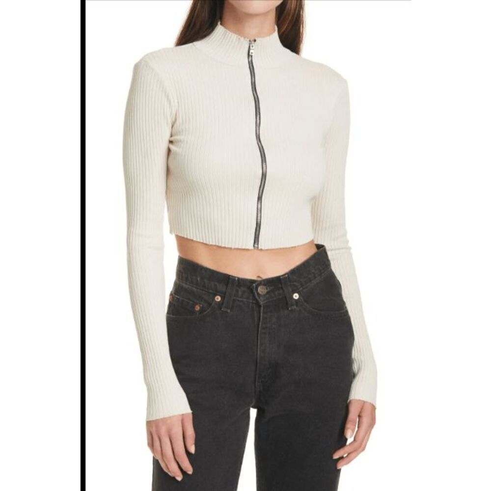 Cotton‎ Citizen Ibiza Front Zip Crop Top Mock Neck Ivory Beige Stretch Size XS